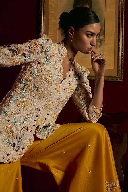 Shop_Chandrima_Ivory Chanderi Beads, Embroidery V-neck Cord Work And Beadwork Peplum Jacket _Online_at_Aza_Fashions