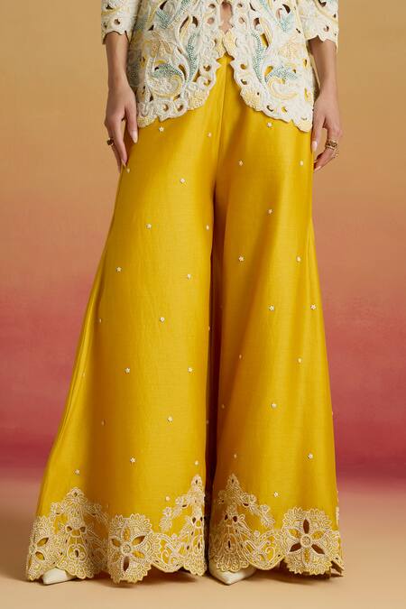 Chandrima_Yellow Chanderi Beads, Cut Work Contrast Sharara _Online_at_Aza_Fashions