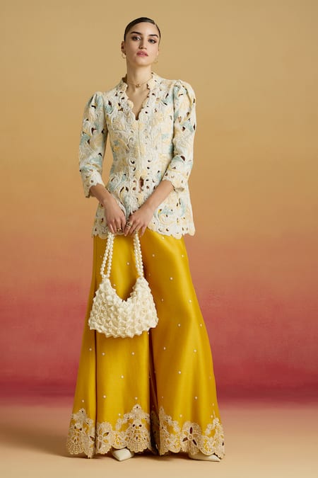 Chandrima Yellow Contrast Cutwork Sharara 