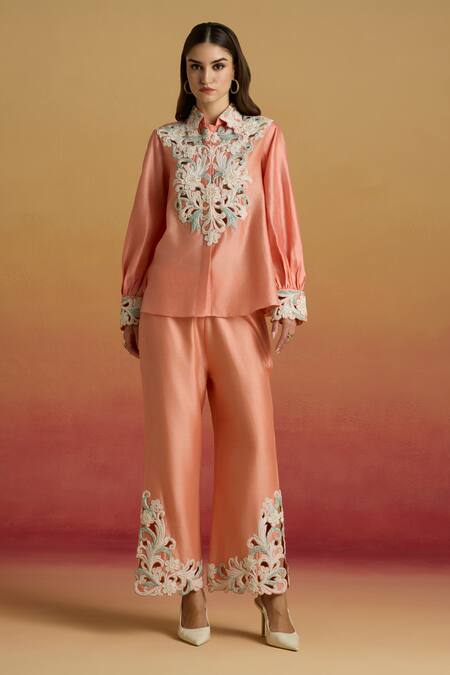 Chandrima_Peach Chanderi Beads, Embroidery Collared Apricot Contrast Cord Work Shirt _Online_at_Aza_Fashions
