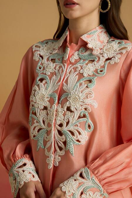 Buy_Chandrima_Peach Chanderi Beads, Embroidery Collared Apricot Contrast Cord Work Shirt _Online_at_Aza_Fashions