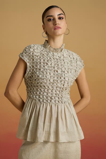 Chandrima Silver Beaded Smocked Top 