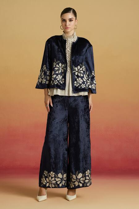 Chandrima_Navy Velvet Applique, Beads, Sequins Round Contrast Silver Work Short Jacket _Online_at_Aza_Fashions