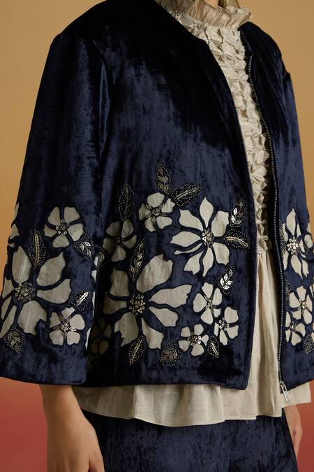 Buy_Chandrima_Navy Velvet Applique, Beads, Sequins Round Contrast Silver Work Short Jacket _Online_at_Aza_Fashions