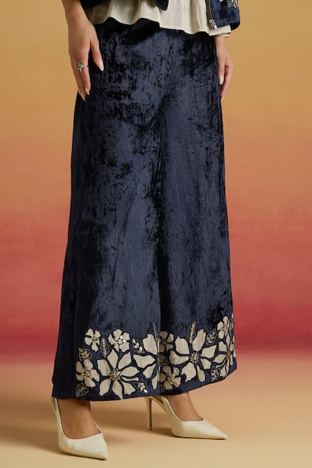 Chandrima_Blue Velvet, Silk Applique, Beads Indigo Contrast Silver Flared Pant _Online_at_Aza_Fashions