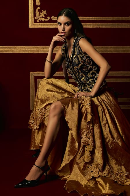 Chandrima Black Velvet, Silk Embroidery, Metallic Thread And Gold Embellished Waistcoat at Aza Fashions Chandrima_Black Velvet, Silk Embroidery, Metallic Thread And Gold Embellished Waistcoat _at_Aza_Fashions