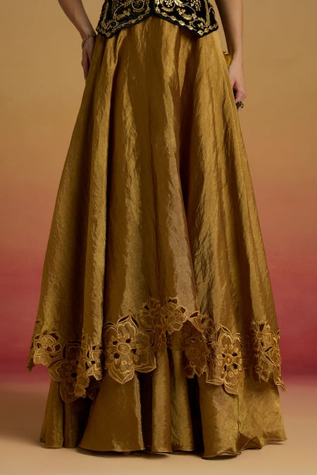 Chandrima_Gold Tissue Cut Work Layered Lehenga _Online_at_Aza_Fashions