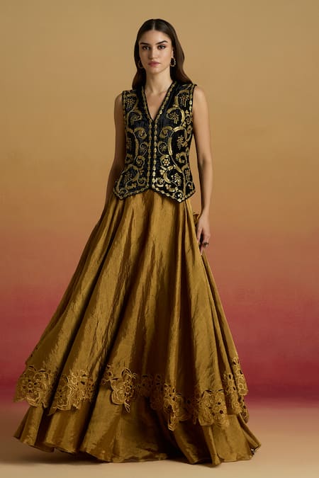Buy_Chandrima_Gold Tissue Cut Work Layered Lehenga _Online_at_Aza_Fashions