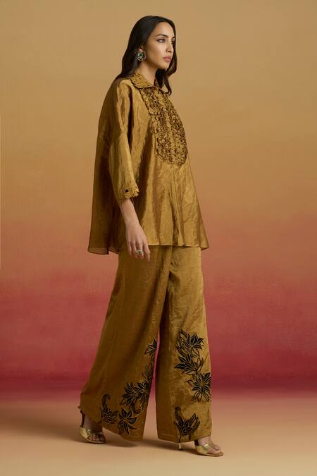 Chandrima Gold Tissue Crystals Collared Smocked Shirt Online at Aza Fashions Chandrima_Gold Tissue Crystals Collared Smocked Shirt _Online_at_Aza_Fashions