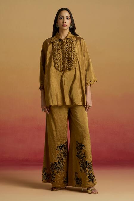 Buy Chandrima Gold Tissue Crystals Collared Smocked Shirt Online at Aza Fashions Buy_Chandrima_Gold Tissue Crystals Collared Smocked Shirt _Online_at_Aza_Fashions