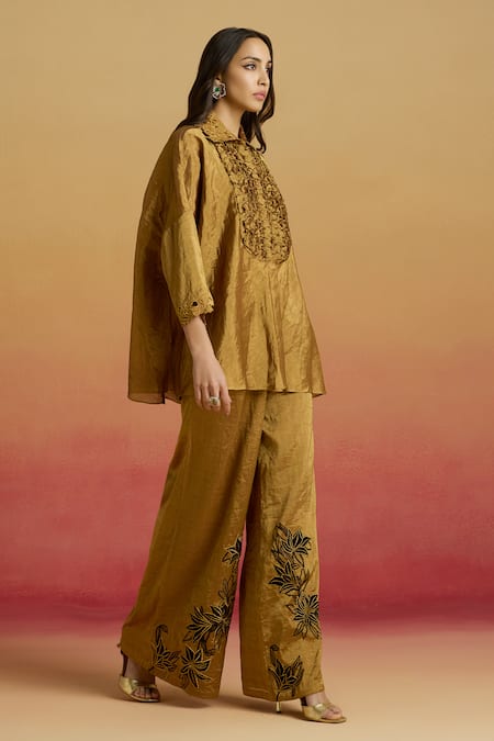 Chandrima_Gold Tissue Applique Contrast Flared Pant _Online_at_Aza_Fashions