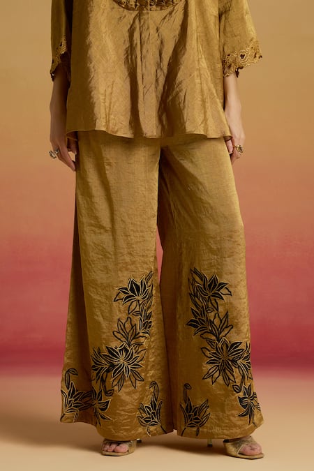 Buy_Chandrima_Gold Tissue Applique Contrast Flared Pant _Online_at_Aza_Fashions