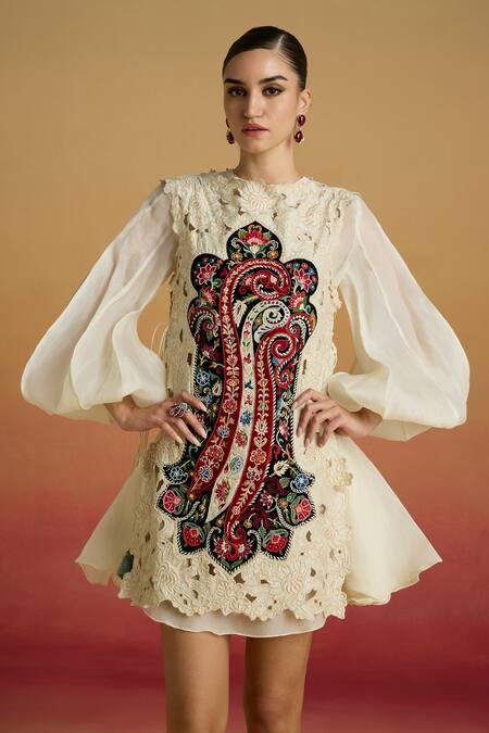 Chandrima Ivory Chanderi, Silk Organza Applique, Cut Work, Cutwork Layered Dress Online at Aza Fashions Chandrima_Ivory Chanderi, Silk Organza Applique, Cut Work, Cutwork Layered Dress _Online_at_Aza_Fashions