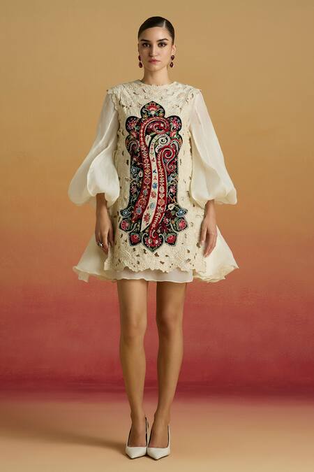 Buy Chandrima Ivory Chanderi, Silk Organza Applique, Cut Work, Cutwork Layered Dress Online at Aza Fashions Buy_Chandrima_Ivory Chanderi, Silk Organza Applique, Cut Work, Cutwork Layered Dress _Online_at_Aza_Fashions