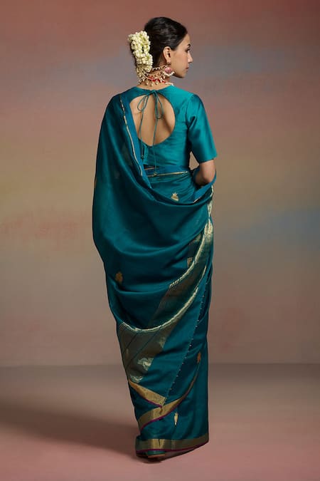 Shop Dressfolk Teal Chanderi Embroidery, Beads Iraaya Woven Saree With Unstitched Blouse Piece at Aza Fashions Shop_Dressfolk_Teal Chanderi Embroidery, Beads Iraaya Woven Saree With Unstitched Blouse Piece _at_Aza_Fashions