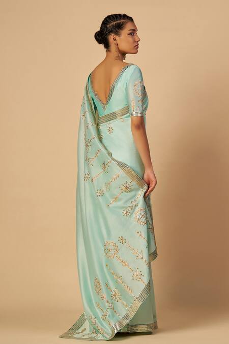 Shop Gulabo By Abu Sandeep Blue Chanderi Embroidery, Sequins V-neck Saree Blouse Online at Aza Fashions Shop_Gulabo By Abu Sandeep_Blue Chanderi Embroidery, Sequins V-neck Saree Blouse _Online_at_Aza_Fashions