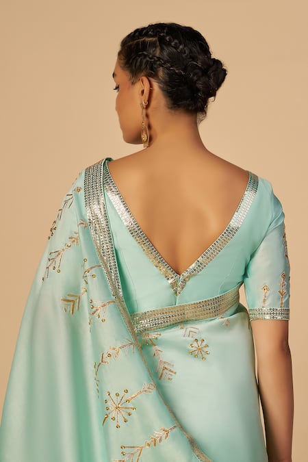 Shop Gulabo By Abu Sandeep Blue Chanderi Embroidery, Sequins V-neck Saree Blouse at Aza Fashions Shop_Gulabo By Abu Sandeep_Blue Chanderi Embroidery, Sequins V-neck Saree Blouse _at_Aza_Fashions