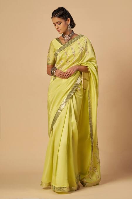 Buy Gulabo By Abu Sandeep Lime Chanderi Sequins, Embroidery V-neck Saree Blouse Online at Aza Fashions Buy_Gulabo By Abu Sandeep_Lime Chanderi Sequins, Embroidery V-neck Saree Blouse _Online_at_Aza_Fashions