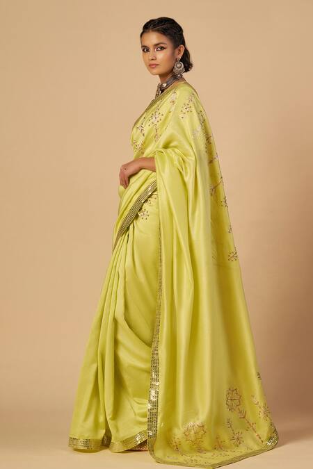 Shop Gulabo By Abu Sandeep Lime Chanderi Sequins, Embroidery V-neck Saree Blouse Online at Aza Fashions Shop_Gulabo By Abu Sandeep_Lime Chanderi Sequins, Embroidery V-neck Saree Blouse _Online_at_Aza_Fashions