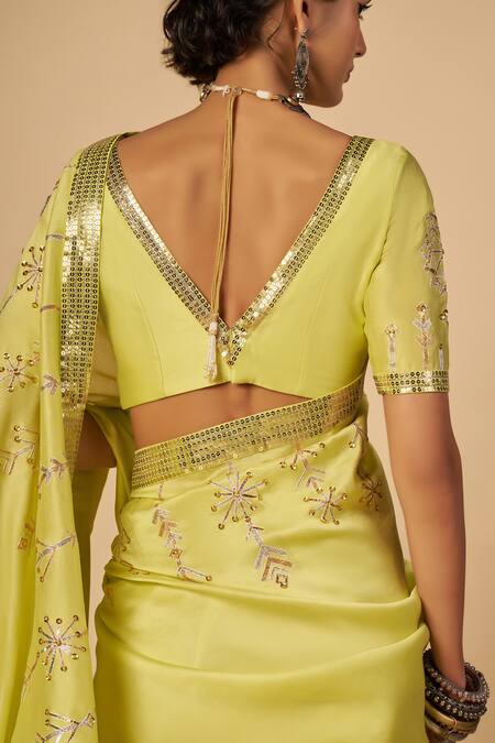 Gulabo By Abu Sandeep Lime Chanderi Sequins, Embroidery V-neck Saree Blouse at Aza Fashions Gulabo By Abu Sandeep_Lime Chanderi Sequins, Embroidery V-neck Saree Blouse _at_Aza_Fashions
