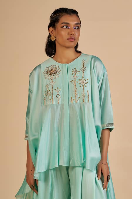 Gulabo By Abu Sandeep Aqua Chanderi Embroidery, Sequins, Metallic Thread Round Neck Asymmetric Tunic