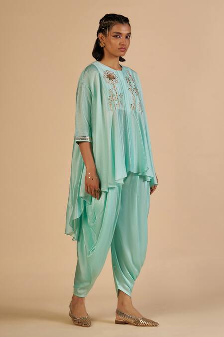 Shop Gulabo By Abu Sandeep Aqua Chanderi Embroidery, Sequins, Metallic Thread Round Neck Asymmetric Tunic Online at Aza Fashions Shop_Gulabo By Abu Sandeep_Aqua Chanderi Embroidery, Sequins, Metallic Thread Round Neck Asymmetric Tunic _Online_at_Aza_Fashions
