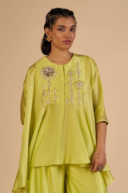 Gulabo By Abu Sandeep Lime Chanderi Embroidery, Sequins, Beads Round Neck Asymmetric Tunic