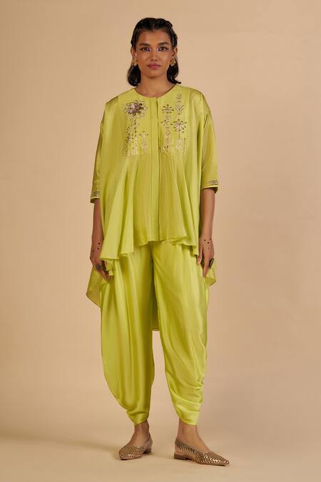 Buy Gulabo By Abu Sandeep Lime Chanderi Embroidery, Sequins, Beads Round Neck Asymmetric Tunic Online at Aza Fashions Buy_Gulabo By Abu Sandeep_Lime Chanderi Embroidery, Sequins, Beads Round Neck Asymmetric Tunic _Online_at_Aza_Fashions