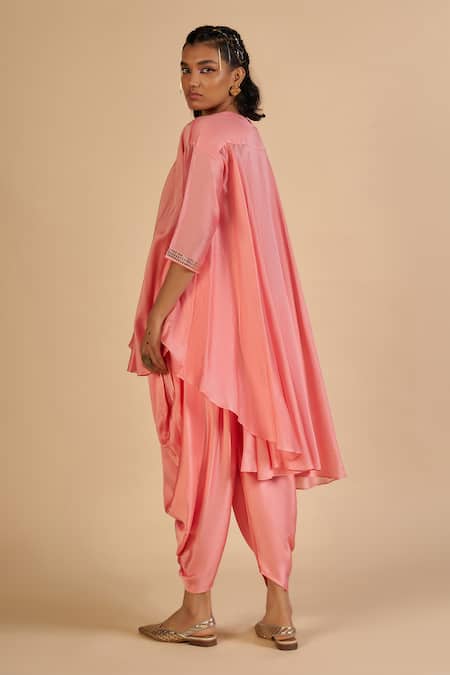 Gulabo By Abu Sandeep Pink Chanderi Embroidery, Zari Round Neck Asymmetric Tunic Online at Aza Fashions Gulabo By Abu Sandeep_Pink Chanderi Embroidery, Zari Round Neck Asymmetric Tunic _Online_at_Aza_Fashions