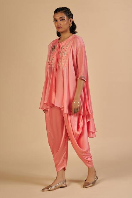 Buy Gulabo By Abu Sandeep Pink Chanderi Embroidery, Zari Round Neck Asymmetric Tunic Online at Aza Fashions Buy_Gulabo By Abu Sandeep_Pink Chanderi Embroidery, Zari Round Neck Asymmetric Tunic _Online_at_Aza_Fashions