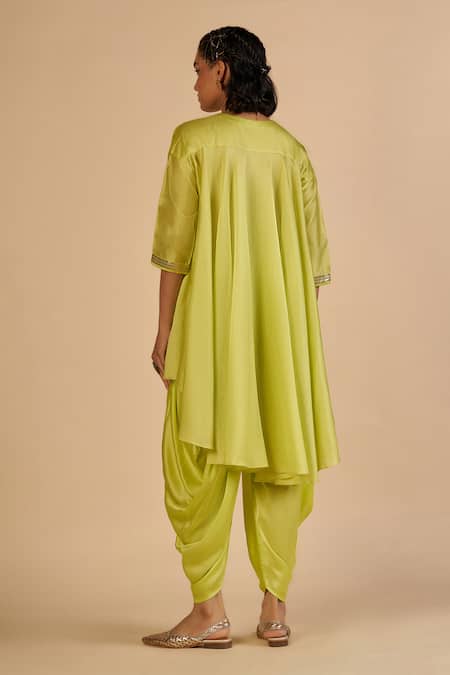 Shop Gulabo By Abu Sandeep Lime Chanderi Sequins, Beads, Embroidery, Metallic Asymmetric Top And Draped Pant at Aza Fashions Shop_Gulabo By Abu Sandeep_Lime Chanderi Sequins, Beads, Embroidery, Metallic Asymmetric Top And Draped Pant _at_Aza_Fashions
