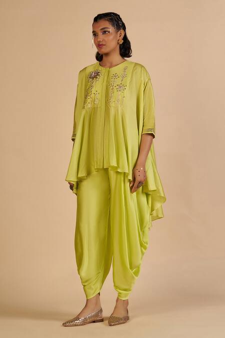 Gulabo By Abu Sandeep Lime Chanderi Sequins, Beads, Embroidery, Metallic Asymmetric Top And Draped Pant Online at Aza Fashions Gulabo By Abu Sandeep_Lime Chanderi Sequins, Beads, Embroidery, Metallic Asymmetric Top And Draped Pant _Online_at_Aza_Fashions