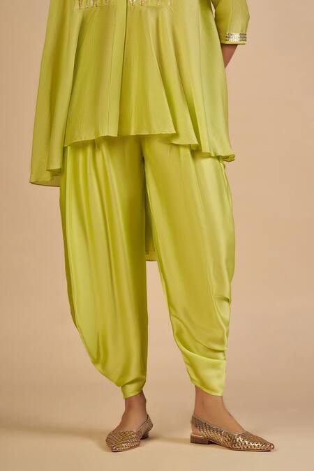 Gulabo By Abu Sandeep Lime Chanderi Sequins, Beads, Embroidery, Metallic Asymmetric Top And Draped Pant at Aza Fashions Gulabo By Abu Sandeep_Lime Chanderi Sequins, Beads, Embroidery, Metallic Asymmetric Top And Draped Pant _at_Aza_Fashions