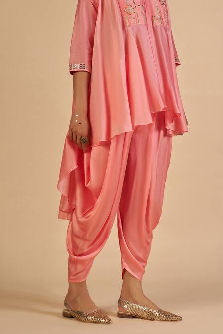 Buy Gulabo By Abu Sandeep Pink Chanderi Embroidery, Sequins, Beads Round Neck Draped Pant Online at Aza Fashions Buy_Gulabo By Abu Sandeep_Pink Chanderi Embroidery, Sequins, Beads Round Neck Draped Pant _Online_at_Aza_Fashions
