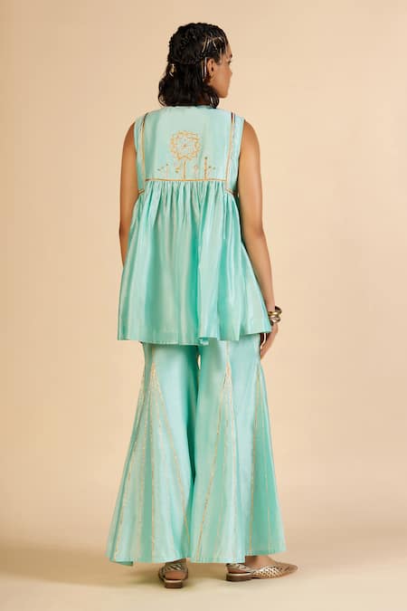 Shop Gulabo By Abu Sandeep Aqua Chanderi Zari Embroidered Flared Pant at Aza Fashions Shop_Gulabo By Abu Sandeep_Aqua Chanderi Zari Embroidered Flared Pant _at_Aza_Fashions