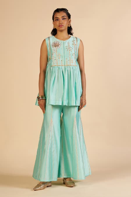 Gulabo By Abu Sandeep Aqua Chanderi Zari Embroidered Flared Pant