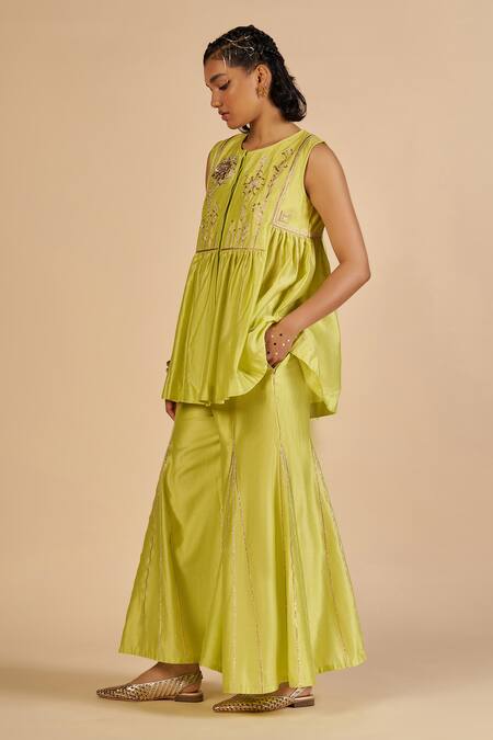Gulabo By Abu Sandeep Lime Chanderi Metallic Thread, Sequins Embroidered Flared Pant Online at Aza Fashions Gulabo By Abu Sandeep_Lime Chanderi Metallic Thread, Sequins Embroidered Flared Pant _Online_at_Aza_Fashions