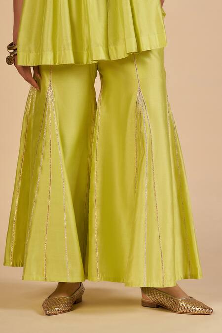 Buy Gulabo By Abu Sandeep Lime Chanderi Metallic Thread, Sequins Embroidered Flared Pant Online at Aza Fashions Buy_Gulabo By Abu Sandeep_Lime Chanderi Metallic Thread, Sequins Embroidered Flared Pant _Online_at_Aza_Fashions