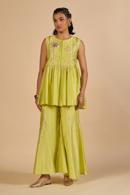 Gulabo By Abu Sandeep Lime Chanderi Metallic Thread, Sequins Embroidered Flared Pant