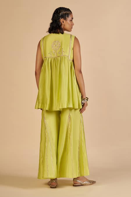 Shop Gulabo By Abu Sandeep Lime Chanderi Metallic Thread, Sequins Embroidered Flared Pant at Aza Fashions Shop_Gulabo By Abu Sandeep_Lime Chanderi Metallic Thread, Sequins Embroidered Flared Pant _at_Aza_Fashions