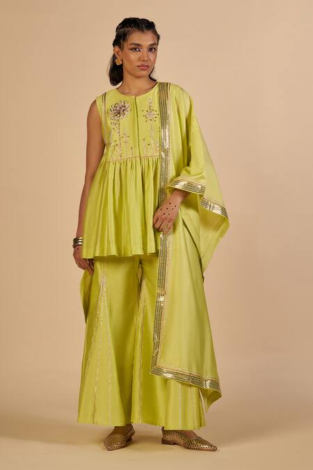 Shop Gulabo By Abu Sandeep Lime Chanderi Metallic Thread, Sequins Embroidered Flared Pant Online at Aza Fashions Shop_Gulabo By Abu Sandeep_Lime Chanderi Metallic Thread, Sequins Embroidered Flared Pant _Online_at_Aza_Fashions