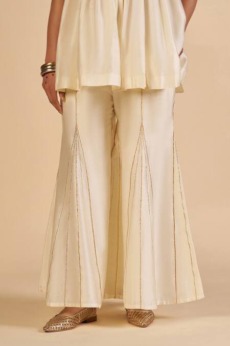 Gulabo By Abu Sandeep Off White Chanderi Zari Embroidered Flared Pant Online at Aza Fashions Gulabo By Abu Sandeep_Off White Chanderi Zari Embroidered Flared Pant _Online_at_Aza_Fashions