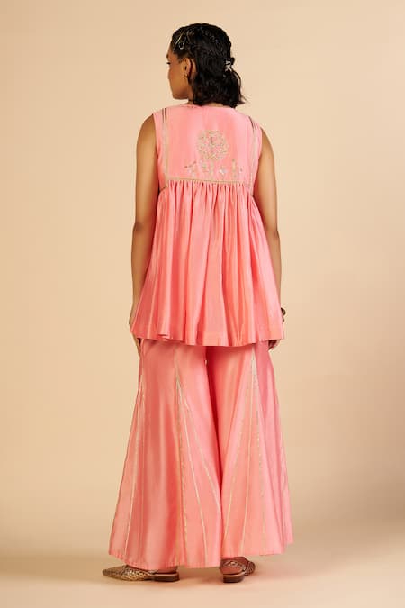 Shop Gulabo By Abu Sandeep Pink Chanderi Zari, Embroidery Round Neck Flared Pant at Aza Fashions Shop_Gulabo By Abu Sandeep_Pink Chanderi Zari, Embroidery Round Neck Flared Pant _at_Aza_Fashions
