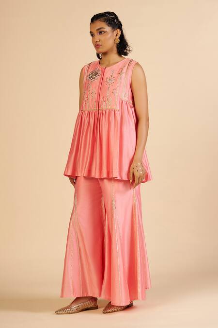 Gulabo By Abu Sandeep Pink Chanderi Zari, Embroidery Round Neck Flared Pant Online at Aza Fashions Gulabo By Abu Sandeep_Pink Chanderi Zari, Embroidery Round Neck Flared Pant _Online_at_Aza_Fashions