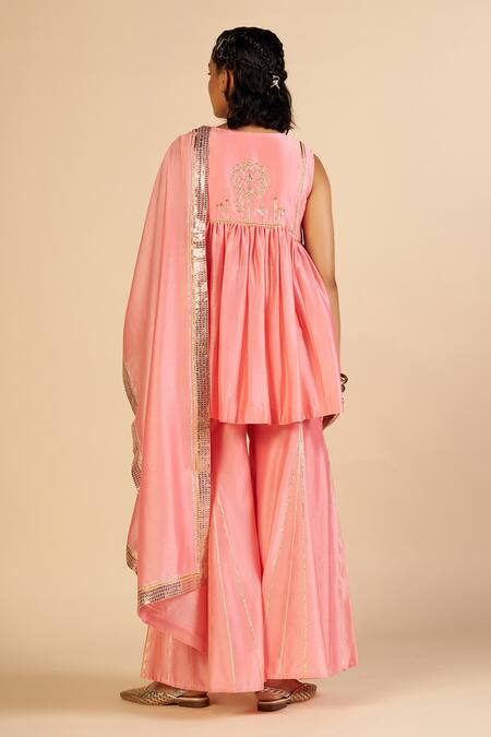 Buy Gulabo By Abu Sandeep Pink Chanderi Zari, Embroidery Round Neck Flared Pant Online at Aza Fashions Buy_Gulabo By Abu Sandeep_Pink Chanderi Zari, Embroidery Round Neck Flared Pant _Online_at_Aza_Fashions
