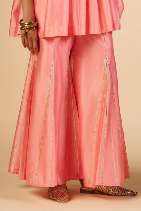 Shop Gulabo By Abu Sandeep Pink Chanderi Zari, Embroidery Round Neck Flared Pant Online at Aza Fashions Shop_Gulabo By Abu Sandeep_Pink Chanderi Zari, Embroidery Round Neck Flared Pant _Online_at_Aza_Fashions