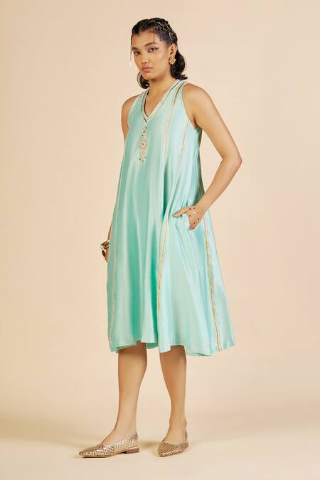 Buy Gulabo By Abu Sandeep Aqua Chanderi Embroidery, Zari V-neck Midi Dress Online at Aza Fashions Buy_Gulabo By Abu Sandeep_Aqua Chanderi Embroidery, Zari V-neck Midi Dress _Online_at_Aza_Fashions