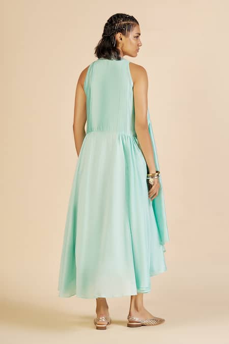 Shop Gulabo By Abu Sandeep Aqua Chanderi Embroidery, Zari V-neck Midi Dress at Aza Fashions Shop_Gulabo By Abu Sandeep_Aqua Chanderi Embroidery, Zari V-neck Midi Dress _at_Aza_Fashions