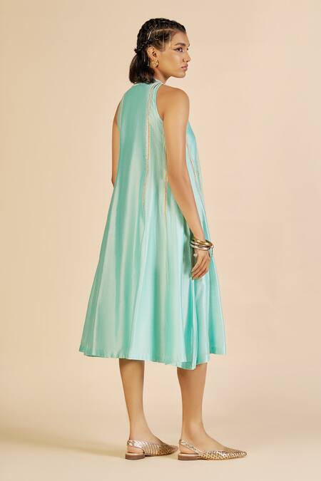 Shop Gulabo By Abu Sandeep Aqua Chanderi Embroidery, Zari V-neck Midi Dress Online at Aza Fashions Shop_Gulabo By Abu Sandeep_Aqua Chanderi Embroidery, Zari V-neck Midi Dress _Online_at_Aza_Fashions