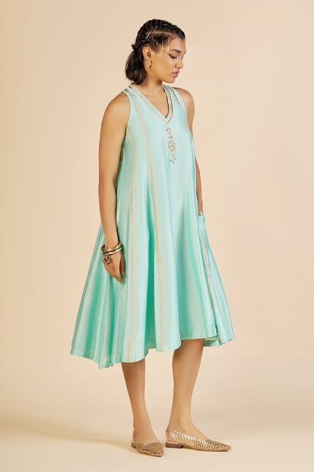 Gulabo By Abu Sandeep Aqua Chanderi Embroidery, Zari V-neck Midi Dress at Aza Fashions Gulabo By Abu Sandeep_Aqua Chanderi Embroidery, Zari V-neck Midi Dress _at_Aza_Fashions